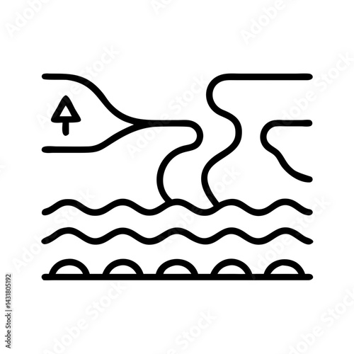 River delta illustration, river system, river network, river confluence, river drainage basin line art
