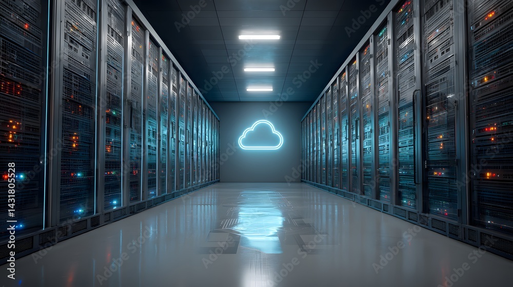 Modern digital infrastructure with glowing cloud technology icon inside a futuristic and high-tech server environment.
Modern digital infrastructure with glowing cloud technology icon inside a futuristic and high-tech server environment.