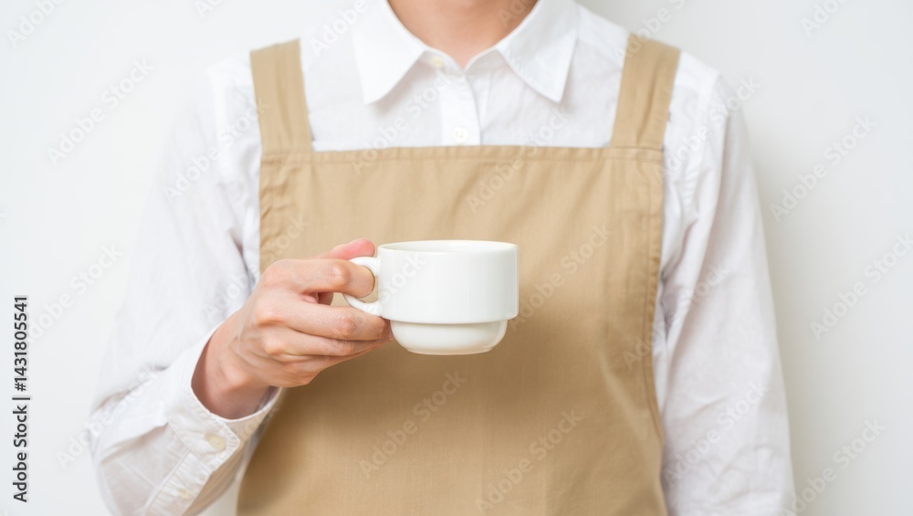 A person in a beige apron holds a white coffee cup, standing against a plain background with a subtle, neutral tone. A person in a beige apron holds a white coffee cup, standing against a plain background with a subtle, neutral tone.