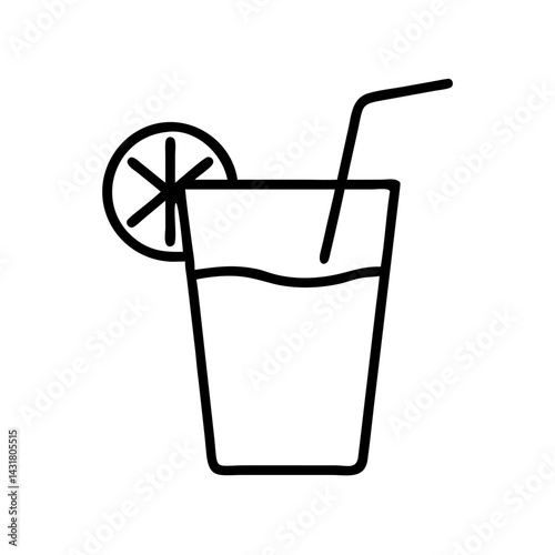 Refreshing summer drink icon vector illustration with lemon and straw simple line art design