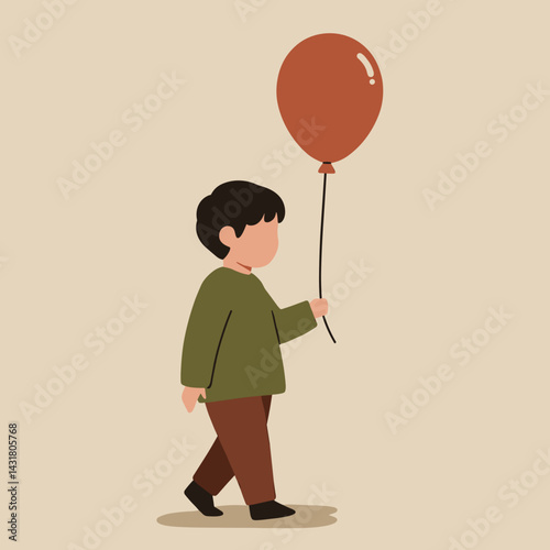 Boy walking joyfully with a balloon against a plain background  World Children's Day