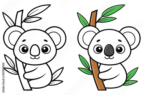 Cute Koala Bear Cartoon Eating Bamboo Shoot Line Art Coloring Page Mascot