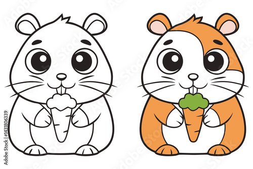 Cartoon Hamster Eats Carrot Line Art, Outline Rodent Colored Version on White