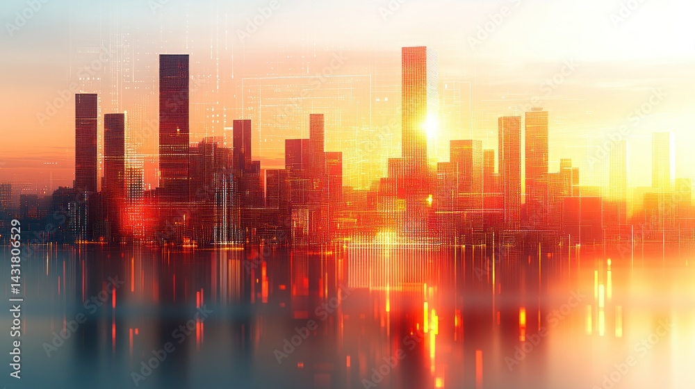 Fototapeta premium Sunrise over futuristic cityscape reflecting in water