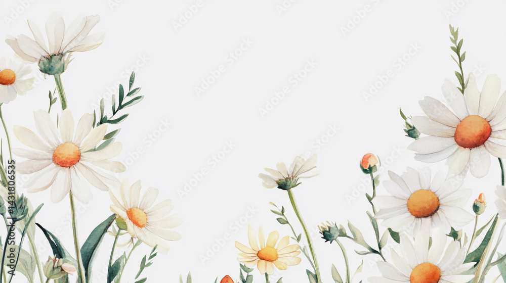 Elegant wedding invitation card background . Minimal hand painted watercolor Chamomile flowers texture template background. Design for wedding, vip cover, poster, rsvp moderncard.Valentine's Day