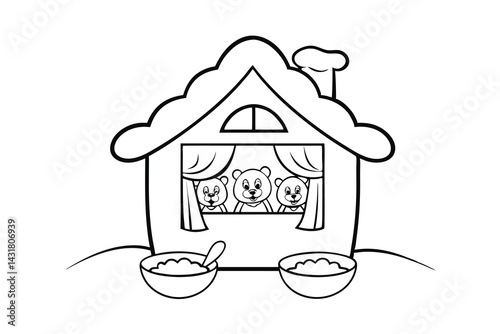 Goldilocks and the three bears outline illustration charming storybook bears looking from house with porridge