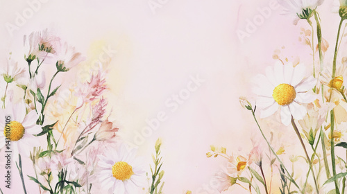 Elegant wedding invitation card background . Minimal hand painted watercolor Chamomile flowers texture template background. Design for wedding, vip cover, poster, rsvp moderncard.Valentine's Day