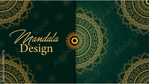 Golden Luxury mandala on dark green background Luxury Eastern style design , elegant