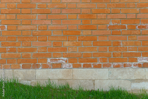 Bright green grass under a red brick wall. The lower part of the wall is white brick.