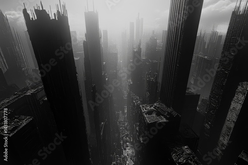 Grim cityscape perspective of a ruined metropolis. photo