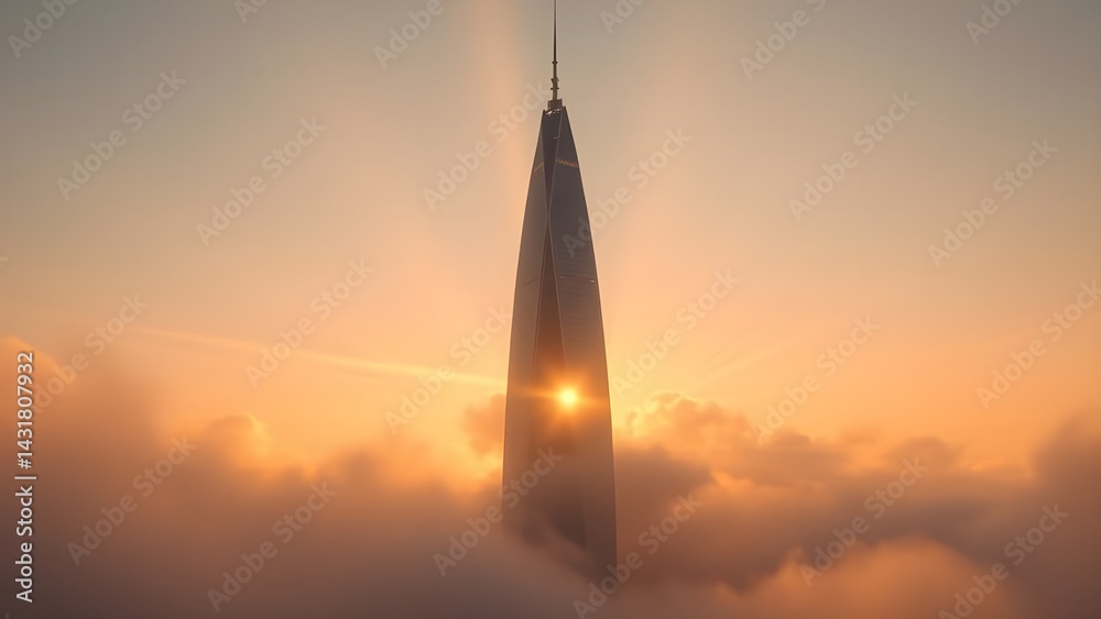 Fototapeta premium Towering Skyscraper Piercing Golden Sky at Sunset with Dramatic Light Reflecting Off Architectural Pinnacle 