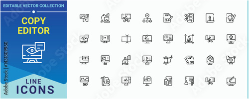 Copy Editor icon set. Contains such symbols as formatting, modification, adjustable, update, edit and more. Editor icon set. Collection for mobile and web apps. Editable stroke. Vector illustration.