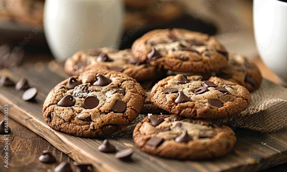 Chocolate chip cookies on wooden board with milk Chocolate chip cookies on wooden board with milk