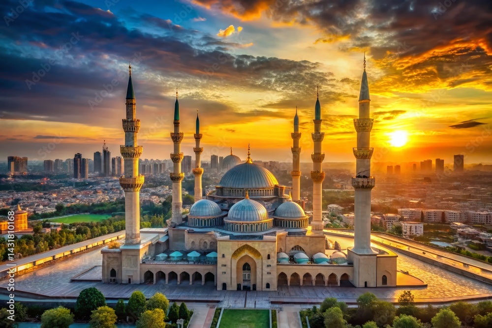 Obraz premium Panoramic Cityscape: Majestic Mosque at Dawn - Stunning Architectural Photography