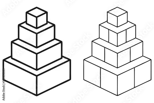 Stacked Cube Tower Illustration, Isometric Outline Pyramid Boxes, Geometrical Design