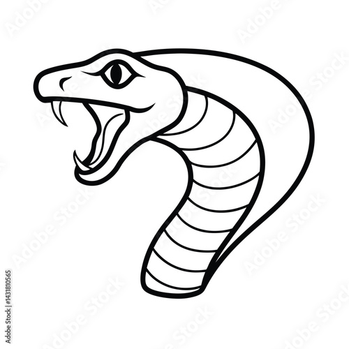 Cobra snake head illustration with fangs threatening attitude black outline style aggressive reptile design isolated on white