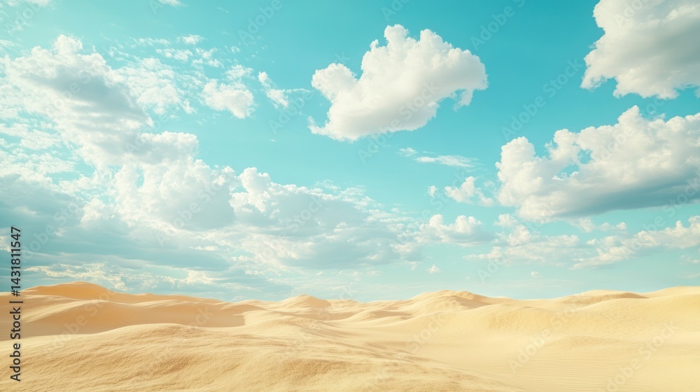 Fototapeta premium A serene desert landscape under a bright blue sky with fluffy clouds.