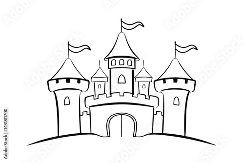 Fairy tale castle illustration with flags and turrets for coloring book pages and children designs