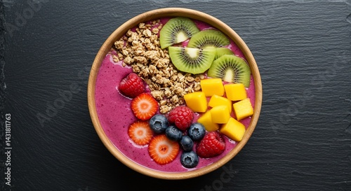 Colorful fruit and granola smoothie bowl on dark background, overhead view.