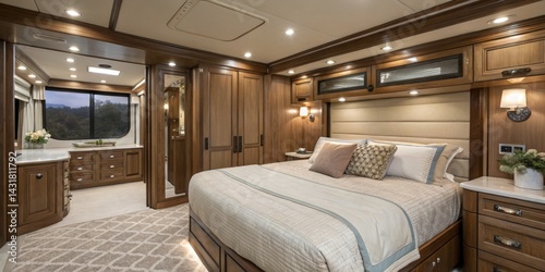 Luxury RV Bedroom Warm Wood...