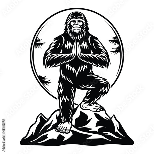 yoga bigfoot doing tree pose on mountain top