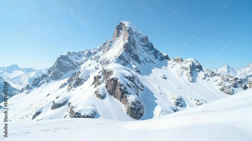 Snowy mountains, panoramic winter landscape for skiing, with high peaks under a cloudy sky Snowy mountains, panoramic winter landscape for skiing, with high peaks under a cloudy sky