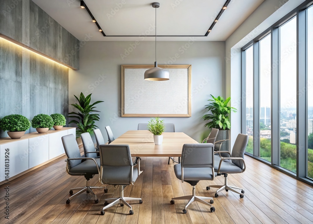 Fototapeta premium Panoramic Office Meeting Room Wall with Modern Frame Mockup