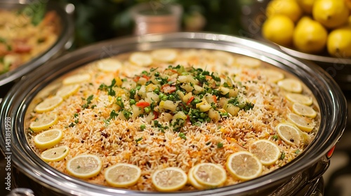 Serving Station With Karahi Handi Pulao Kachumber Salad and Sliced Lemons for Lunch Buffet photo