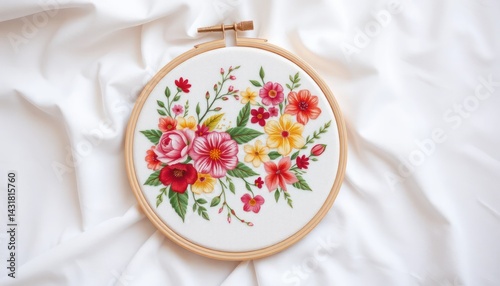 Floral embroidery hoop on white fabric
