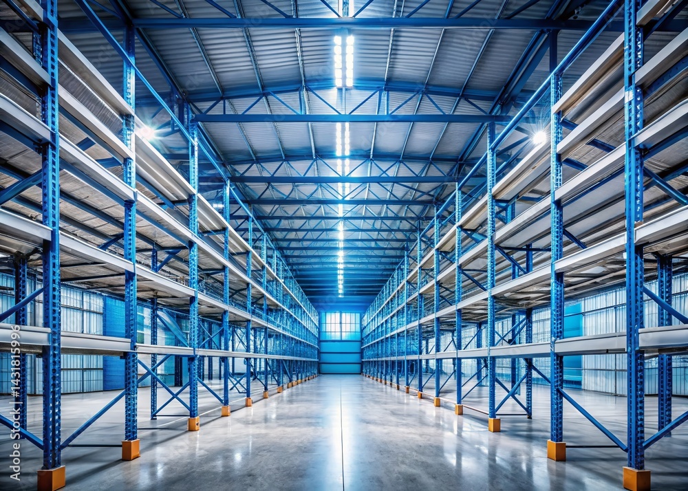 Obraz premium Panoramic Symmetrical Warehouse Interior: Empty Concrete Floor, Industrial Shelving, Cool Tones