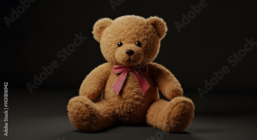 A brown teddy bear with a red bow sitting on a dark surface with a dark background in soft lighting