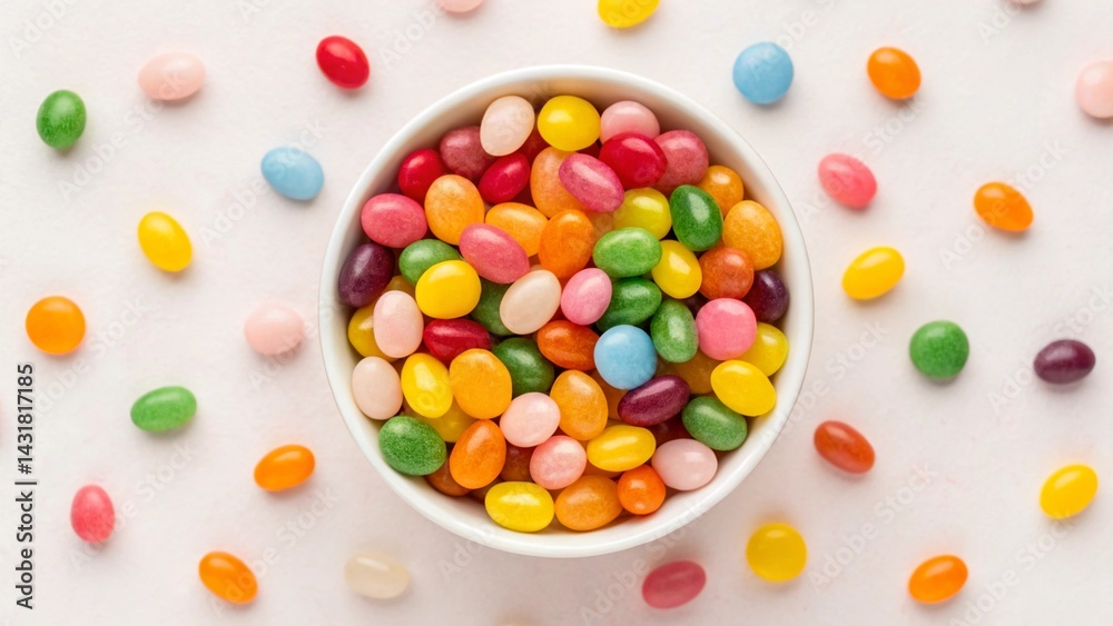 A top-down view of a white bowl overflowing with vibrant, colorful jelly beans, with some scattered around, symbolizing candy, sweets, variety, indulgence, fun, sugar, treat, and the cheerful A top-down view of a white bowl overflowing with vibrant, colorful jelly beans, with some scattered around, symbolizing candy, sweets, variety, indulgence, fun, sugar, treat, and the cheerful