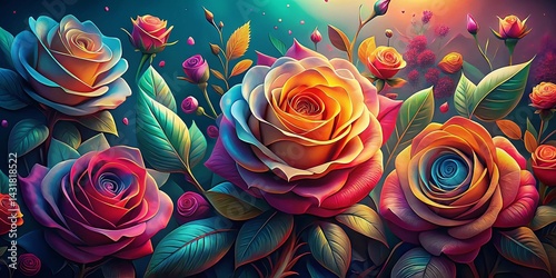 Panoramic View of Vibrant Stylized Roses: Colorful Floral Collection