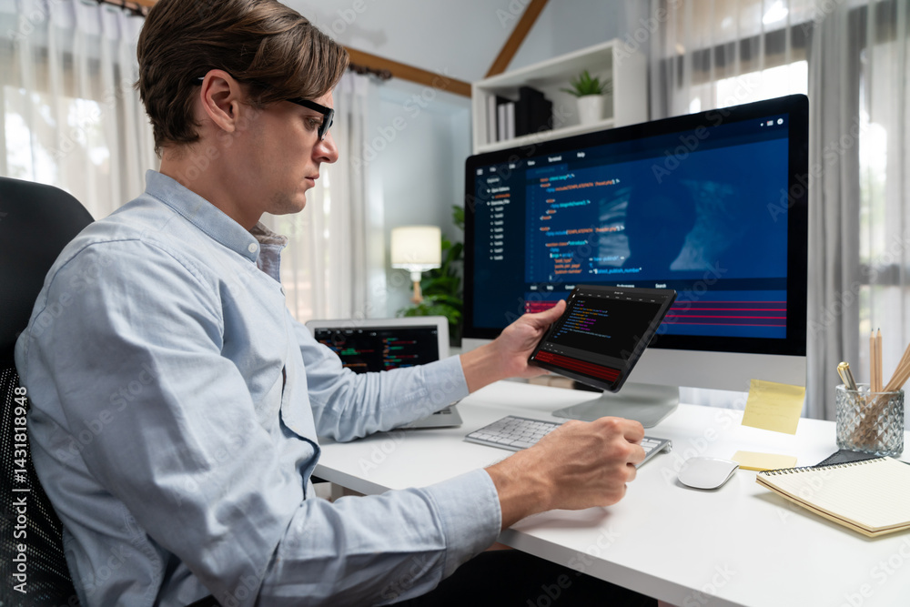 IT developer selecting by point on coding online software development information on tablet comparing with pc and laptop screen with new code program on update version overall system. Pecuniary. IT developer selecting by point on coding online software development information on tablet comparing with pc and laptop screen with new code program on update version overall system. Pecuniary.