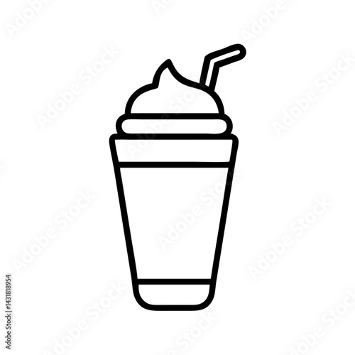 Delicious frappe coffee drink with whipped cream and straw vector line art illustration design
