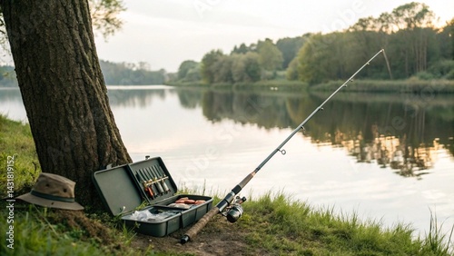 A fishing rod leans against a tree by a calm lake or river, with an open tackle box and hat nearby, symbolizing fishing, nature, relaxation, hobby, tranquility, leisure, outdoors, and the peaceful 