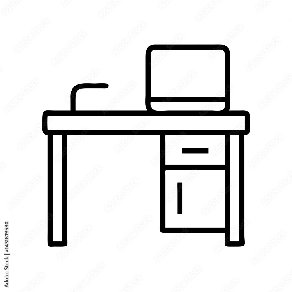 Office desk with computer vector icon illustration workstation furniture outline design element for work Office desk with computer vector icon illustration workstation furniture outline design element for work