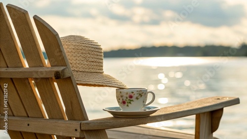 Against a backdrop of a blurred lake and distant trees, a wooden chair armrest with a hat and teacup is prominent, showcasing the elements of leisure and comfort, representing the visual appeal of 