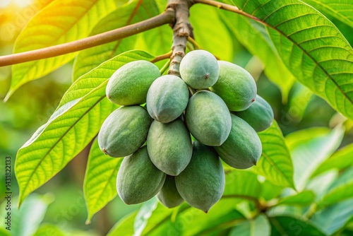 Obraz na płótnie Pawpaw Tree Fruiting Branch, Close-up, Rule of Thirds Composition, Organic Farming w salonie
