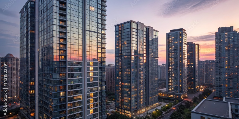 Naklejka premium Sunset Cityscape High-Rise Buildings, Glass Facades, Urban Skyline, Aerial View, Twilight, Architecture Photography, Modern City skyscrapers