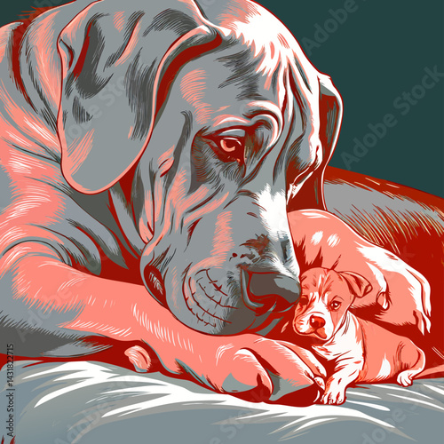 Great Dane and Puppy Illustration