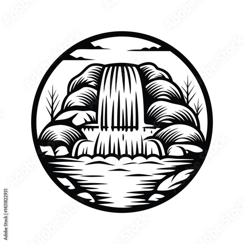 Cascade River Silhouette Waterfall, Rocks, Trees, Nature Scene, Water Flowing, Circle