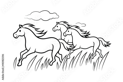 Running horses outline in meadow vector illustration three wild mustangs graphic animals cartoon design