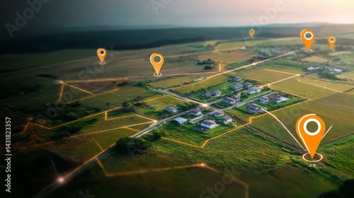 Aerial view of property mapping with location markers and connected lines highlighting land plots