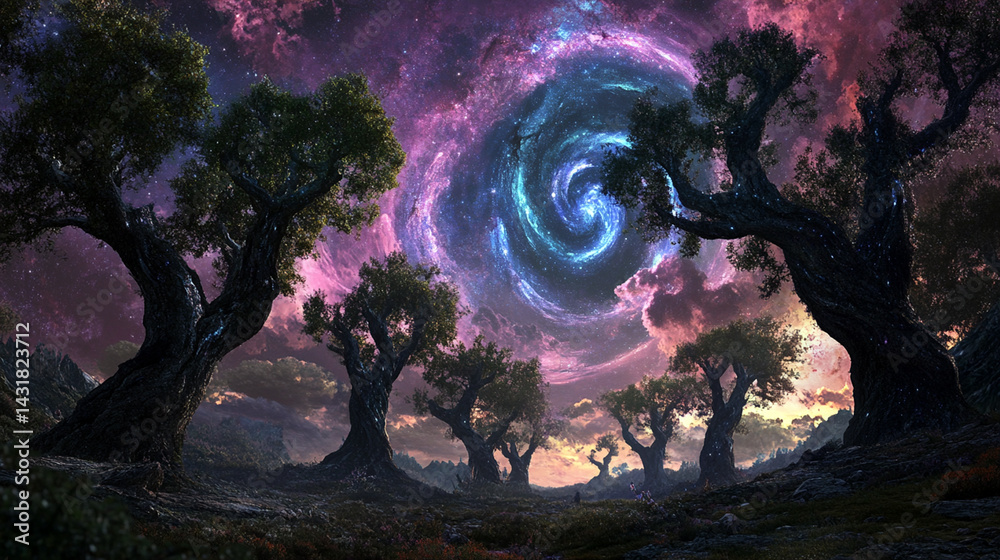 Obraz premium Cosmic Grove Ancient Trees Under a Swirling Nebula