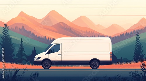 Delivery van journeying through scenic rural landscape autumn evening digital art serene environment side view adventure