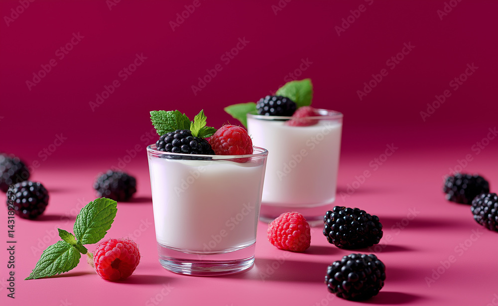 Two glass jars of yogurt topped with blackberries, raspberries, and mint leaves on a vibrant pink background.
Two glass jars of yogurt topped with blackberries, raspberries, and mint leaves on a vibrant pink background.