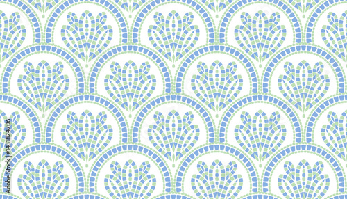 Seamless repeating pattern of mosaic flowers in art deco style white background.