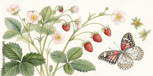 Watercolor Botanical Illustration Wild Strawberries and Butterfly, Fine Art Print, Nature, Floral Wild Strawberry, Butterfly