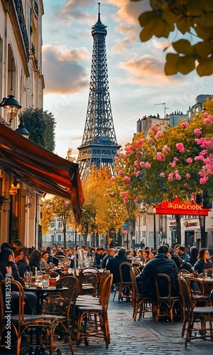 Vibrant Parisian Caf? Scene with Eiffel Tower Overlooking Diners Amidst Autumn Colors